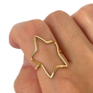 Goldener Sternring, verstellbarer Sternring mit offener Kontur, zierlicher Himmelsring, minimalistischer Statement-Ring aus Gold, trendiges Geschenk für Sie
