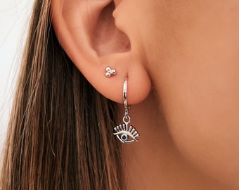 Boucles d’oreilles Black Zircon Eye Dangle Hoop - Bijoux minimalistes faits à la main - Cadeaux personnalisés - Cadeau pour elle - Cadeaux