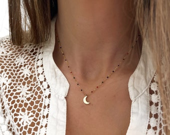 Necklace with Balls and Moon-Shaped Pendant - Crescent Moon Necklace -Gold Moon Pendant-Celestial Necklace - Handmade Jewelry - Moon - Gifts