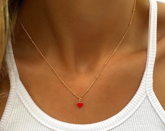 Gold Heart Necklace - Chunky Heart Necklace - Heart Pendant - Heart Choker - Red Heart Necklace - Stacking Necklace - Gifts for him - Gifts