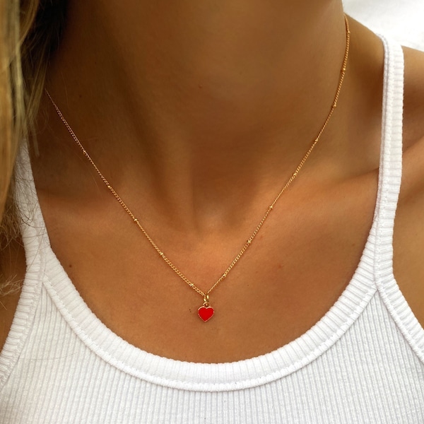 Collier coeur en or - Collier coeur chunky - Pendentif coeur - Ras de cou coeur - Collier coeur rouge - Collier empilage - Cadeaux pour lui - Cadeaux