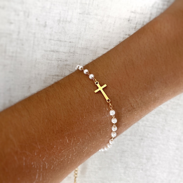 Bracciale da damigella d'onore - Bracciale con ciondoli - Bracciale con croce laterale - Minimalista - Gioielli fatti a mano - Regali personalizzati - Regali
