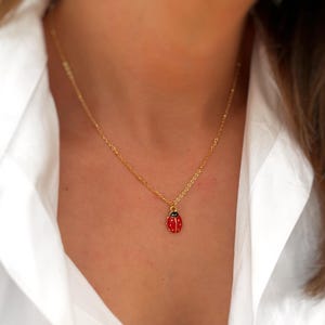 May include: A gold chain necklace with a small red ladybug pendant. The ladybug has black spots and a black head.
