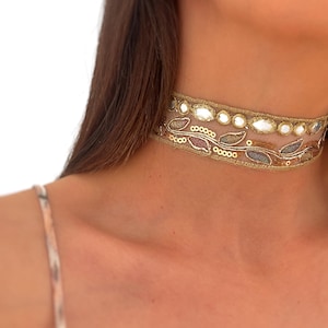 Gold Embroidered Fabric Choker Necklace | Boho Festival Jewelry | Vintage Inspired Statement Choker | Coquette Style