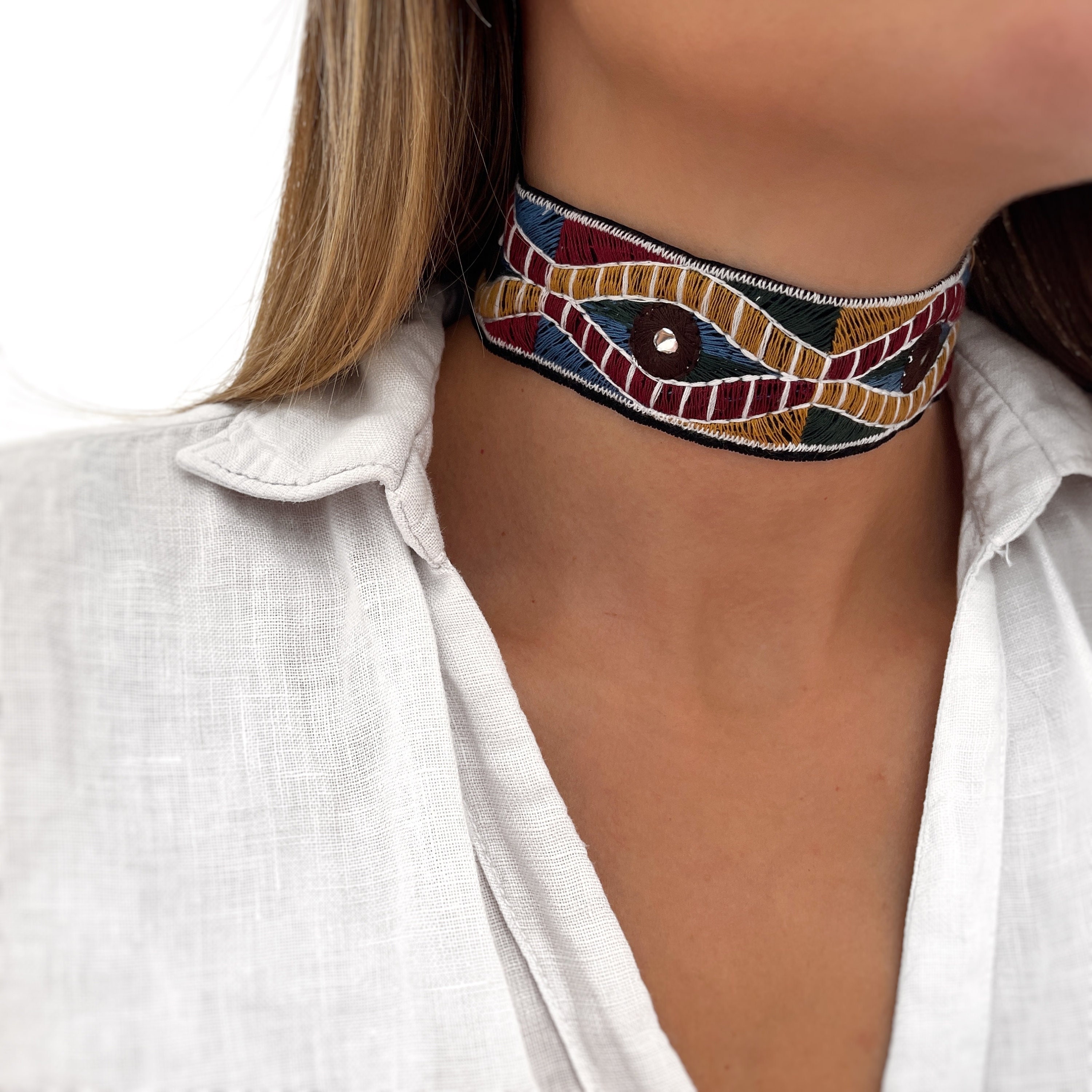 【Anyone more】[Flower Choker SET] Bohemian Layered Knit OP Fabric Choker - Bohemian Choker - Aztec Choker Necklace