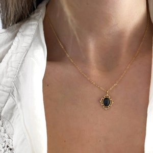 Black Stone Necklace - Black Pendant Necklace - Delicate