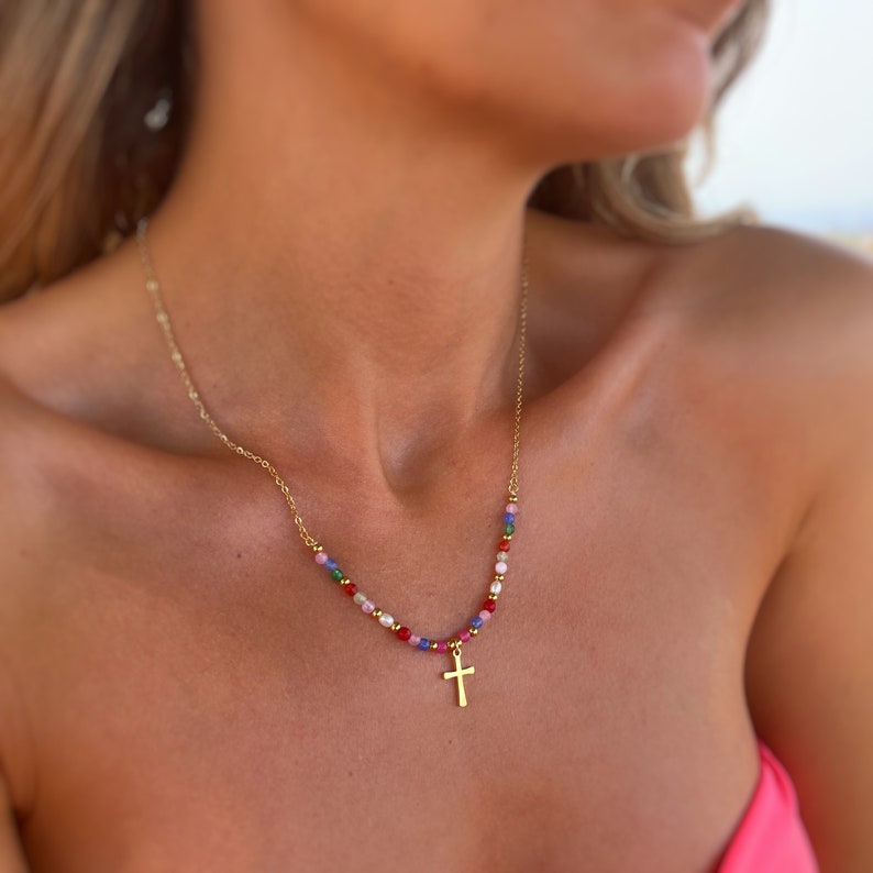 Beaded Cross Necklace Gold Filled Cross Necklace Cross Necklaces Cross Charm Necklace Personalized Gifts Gifts image 3