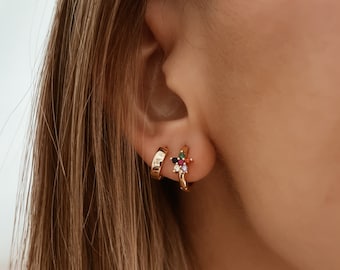Tiny Flower Earrings, Flower Shaped Charm Cz Huggie Hoop Earrings, Handmade Jewelry, Minimalist ,Personalized Gifts , Gift for her , Gifts
