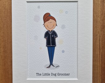 The Little Dog Groomer, childrens wall art, gifts for children, mixed media sketch and stitch designs, baker art, Wall Art, cute baker