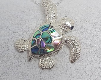 Hawaiian Sea Turtle Abalone Shell Silver Pendant Paua Shell Silver Turtle Pendant Necklace Turtle Green Shell Silver Pendant