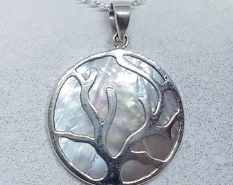 Mother of Pearl & Sterling Silver Flowing Tree Disk Necklace