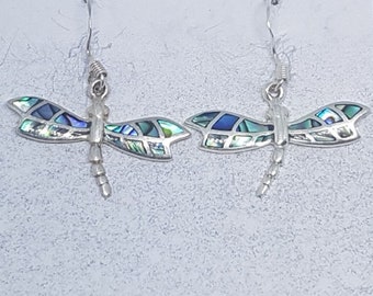 Abalone Shell & Sterling Silver Dragonfly Earrings