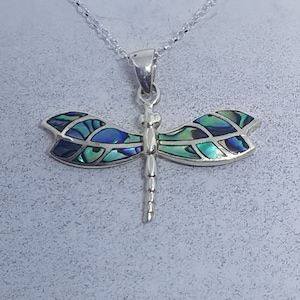 May include: A silver necklace with a dragonfly pendant made of iridescent abalone shell. The dragonfly's wings are a mix of blue, green, and brown.