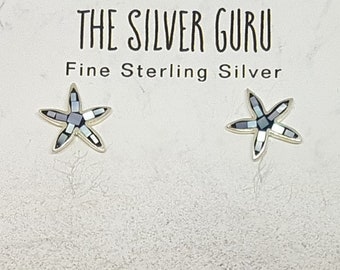 Black Shell & Sterling Silver Mosaic Starfish Stud Earrings