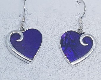 Abalone Shell with Purple Resin & Sterling Silver Heart Earrings