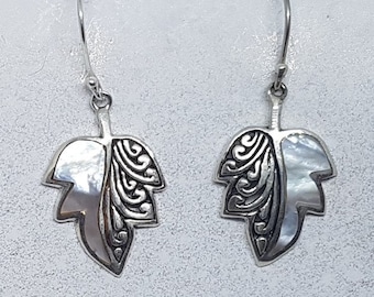 Mother of Pearl & Sterling Silver Ornate Leaf Earrings