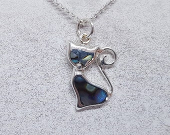 Abalone Shell & Sterling Silver Cute Cat Necklace