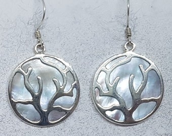 Mother of Pearl & Sterling Silver Flowing Tree Disk Earrings