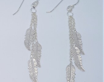 Sterling Silver Multi Feather Drop Earrings