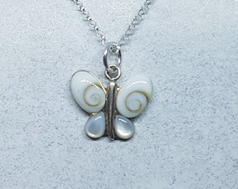 Shiva Eye with Mother of Pearl & Sterling Silver Butterfly Necklace