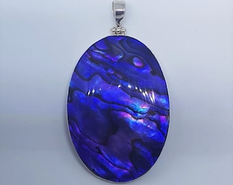 Abalone Shell with Purple Resin & Sterling Silver Oval Necklace