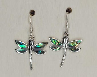 Abalone Shell & Sterling Silver Ornate Dragonfly Earrings