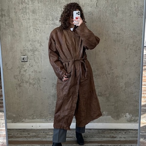 Vintage 90s genuine leather coat in brown, belted coat