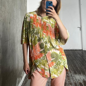 Vintage 80s tropical pattern blouse in green/orange