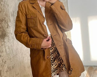 Vintage belted genuine suede coat in camel brown