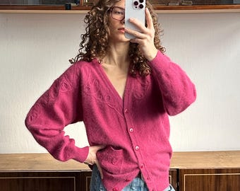 Vintage Angora Wool Embroidered Cardigan In Pink
