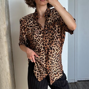 トップス 80's 90's Vintage Leopard Shirts Leopard Print Blouse 90s Semi-sheer Animal Print Button up