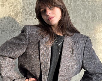 Vintage 90s Classic Herringbone Wool Blazer In Grey