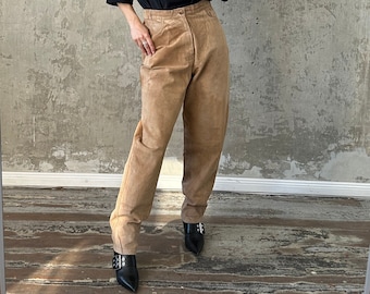 Vintage genuine leather trousers in beige, baggy leather pants