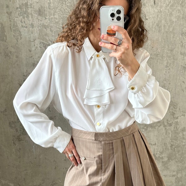 Vintage sheer women blouse in white, ruffled blouse