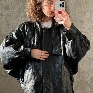 Vintage 90s Leather Bomber Jacket in Black With Batwing Sleeves - Etsy