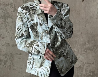 Vintage Blazer aus Baumwolle in blau/türkis mit Blumenmuster