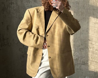 Vintage 90s plaid wool blazer in brown/yellow, checked blazer