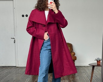 Vintage 80s wool coat in pink, midi women coat