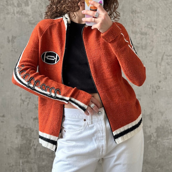 Vintage 90s women wool knit sweater in orange, zip up sweater