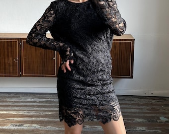 Vintage 90s long sleeve mini dress in black, lace slip dress