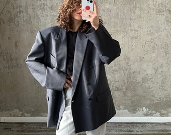 Blazer oversize vintage anni '90 in soprabito grigio in misto lana