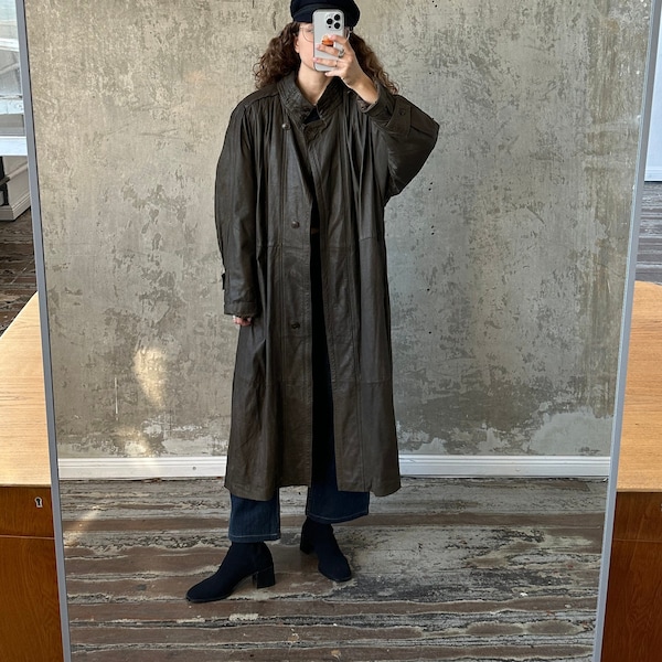 manteau en cuir droit vintage des années 90 en marron