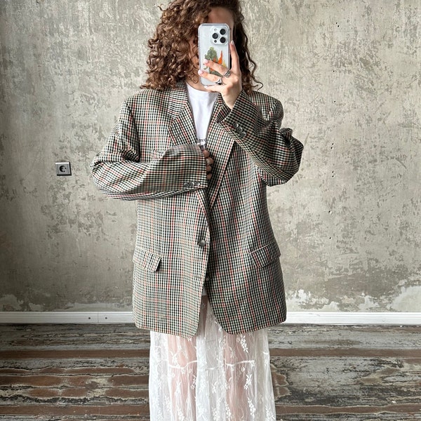 Vintage boyfriend check blazer in brown, wool blazer