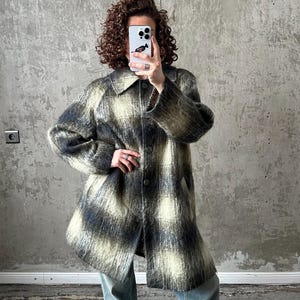 Vintage checked mohair coat in green, midi wool overcoat
