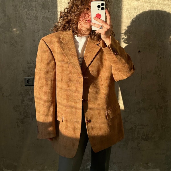 Blazer vintage años 90 oversize cuadros, blazer de novio de lana en color marrón