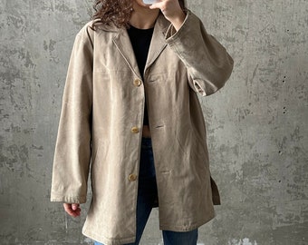 Blazer de cuero vintage de los años 90 en blanco, chaqueta de cuero beige