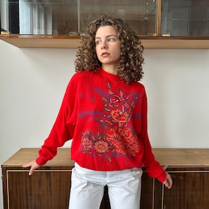 Vintage kasjmier trui in rood met bloemenprint