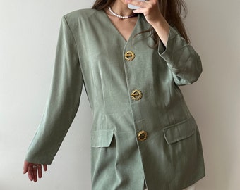 Vintage 80s loose linen blazer in green, feminine blazer
