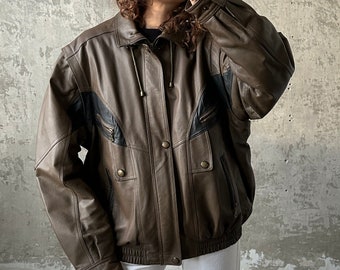 Vintage 90s brown leather motorcycle bomber jacket