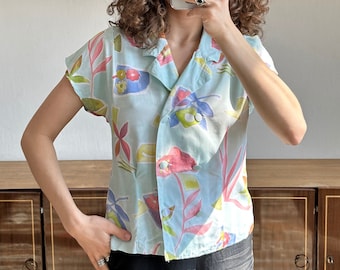 Vintage floral print women blouse in blue